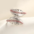 Adjustable silver leaf ring featuring micro-pave pink cubic zirconia accents - Adjustable Open / Steel Color Feather Pink Zircon