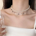 Double-layer pearl choker with silver star pendants in a trendy Korean style - Double Layer Star Pendant Artificial Pearl Choker (DX0241C)
