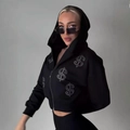 Black zip-up hoodie with sparkling rhinestone dollar sign in American street style - S / Black (Thin Style)