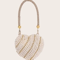 Mini borsa da sera a cuore con perle bianche e motivo a grata di strass dorati - Oro