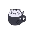 Broche en émail mignonne avec un chat blanc dans une tasse noire et motifs d'étoiles - Tasse Étoilée Chat Blanc (C1958-2)