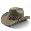 Detailed embroidery and turquoise gem buckle on khaki suede western cowboy hat band - M (56-58cm) / Army Green