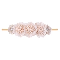 Detail of pink fabric flowers with pearls and crystals on an elastic baby headband - Style 13