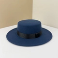 Classic navy blue flat top wool felt hat with black ribbon band and elegant bow - Adjustable M (56-58cm) / Navy Blue
