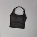 Detail view of vertical ribbed texture on seamless square neck halter yoga crop top - Shark Grey