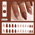Chocolate brown and marble almond fake nails with gold 3D line accents, 24 piece set - Autumn Winter Smudge Design (W1489) / 24 Pieces with Glue