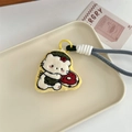 Close-up of cute cartoon cat embroidery keychain with woven rope and yellow hook - Cat with Doughnut