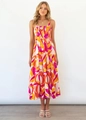 Détail d'une robe longue à plusieurs niveaux avec imprimé floral rose et orange - S / Robes / Feuilles Rose Rouge