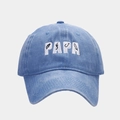Close-up of white PAPA embroidery on vintage blue washed denim baseball cap texture - Sky Blue