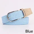 Elastic woven stretch belt in light blue with silver buckle and brown leather end - Blue