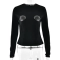 Slim fit black long sleeve t-shirt for women with rhinestone shell patterns and round neck - S / Black