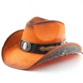 Cappello da cowboy in paglia di carta arancione con fascia in pelle e pietra turchese - M(56-58cm) / Arancione