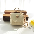 Mini PU leather keychain purse with cream wavy quilting and gold snap button closure - Off-white