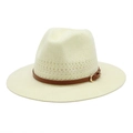 Classic cream woven straw fedora hat with a brown leather belt and gold buckle accent - M (56-58cm) / Creamy White