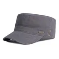 Classic dark grey cotton military flat top cap with side vintage sports metal badge - Adjustable / Gray