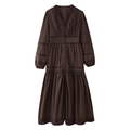 Dark brown V-neck maxi dress featuring intricate lace patchwork and button-down detail - S / Coffee
