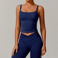 Ensemble de yoga bleu foncé avec débardeur à col carré et legging à taille en V croisé - Bleu marine