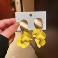 Macro shot of stylish yellow floral petal drop earrings with gold irregular metal plates - 6# Steel Pin - Yellow - Gold Splice Petal