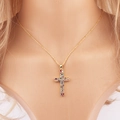 Close-up of 18K gold plated cross necklace with multicolor stones on a model's neck - Classic Colorful Gemstone Cross Style (Style 5)