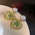 Golden heart earrings featuring pearls and green gems with sparkling rhinestones - E5663-925 Sterling Silver Earring Post / Green