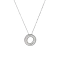 Detailed close-up of a silver donut-shaped pendant encrusted with sparkling cubic zirconia - Letter O
