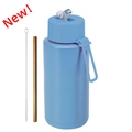Light blue 1L matte stainless steel insulated water bottle with straw and brush - 1 L / Pop-up Straw Lid / Blue
