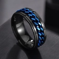 Detail of black spinning ring featuring an inner blue cuban chain with rotatable mechanism - US 7 / Black and Blue