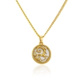 Detailed view of a gold seahorse pendant necklace with white mother-of-pearl and small diamonds - Capricorn Necklace