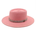 Close-up of pink boater hat with rhinestone band and metallic M logo detail - M (56-58cm) / Dusky Pink