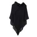 Women's black knit hooded poncho with faux fur collar and fringe tassels for autumn - Black