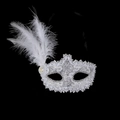 Elegant white lace masquerade eye mask featuring delicate feathers and a sequin accent - White