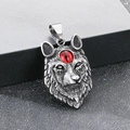 Detailed close-up of a vintage Fenrir wolf pendant with red gemstone and silver texture - Red Eye Wolf Head Pendant (No Chain) (KP117725-LU)