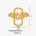 18K vergoldeter Edelstahlring mit Hand der Fatima und weißem Muschel-Auge-Detail - Weißes Böses Auge / Gold