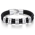 Men's double-layered black braided leather bracelet with customizable stainless steel name beads - Steel Clasp - 5 Names