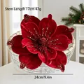 Detail of red velvet Christmas magnolia with glitter edges and dimensions marked - Red