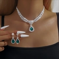 Detailed view of luxury bridal jewelry set with pear-cut green gems and rhinestones - Green 211-Classic Water Drop