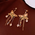 Macro detail of golden butterfly tassel earrings with sparkling champagne crystals - 3# Butterfly Tassel (Silver Earring Post)