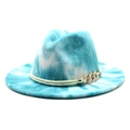Blauw en wit tie-dye fedora hoed met wit touw en gouden ketting gesp detail decoratie - M (56-58cm) / Meerblauw