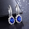 Blue oval sapphire earrings in S925 sterling silver with halo cubic zirconia setting - Blue Diamond Oval Flower Earrings Led-97