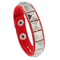 Detail view of red leather bracelet featuring silver square studs and snap button closure - Red Pyramid Style