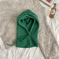 Green knitted Balaclava hood with ties displayed on a soft textured background - One Size (55-60cm) / Green
