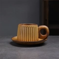 Japanese style retro yellow ceramic coffee cup and saucer set with vertical striped texture - 272 Warm Brown Series (cup + Saucer - Large Ears) 250ml / Universal