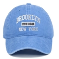 Close-up of 3D Brooklyn embroidery on vintage washed blue cotton baseball cap - Light Blue