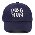 Dark blue cotton baseball cap with white DOG MOM embroidery and paw print on front - Navy Blue