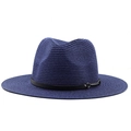 Detail of navy blue straw fedora with spiral woven texture and black leather strap - Navy Blue