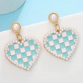 Exquisite C-shape heart earrings with blue and white checkerboard pattern and pearl trim - Blue White Checker (M-806)
