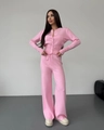 Detail view of pink knit cardigan with buttons and matching high waist wide leg pants texture - S / Pink