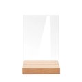 Clear rectangular acrylic table number sign with a natural wooden base for weddings - Small 6x9cm with Wood Base