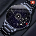 Macro shot of ORUSS men's watch featuring a blue starry dial and black metal band - New Concept - Black Band Starry Sky (Steel Strap)