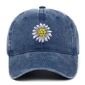 Vintage washed blue denim baseball cap with embroidered daisy flower on plain background - Adjustable / Navy Blue